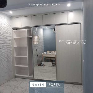 lemari pakaian model sliding kombinasi finishing hpl & kaca cermin